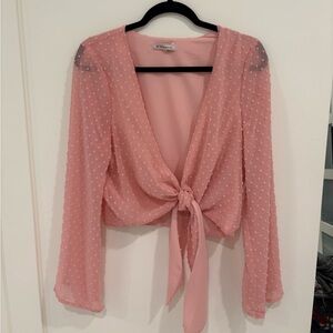 BCBGeneration Pink Polka Dot Tie-Front Blouse
